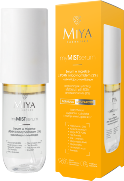 MIYA myMISTserum, dwufazowe serum w mgiełce z PDRN i niacynamidem. Butelka i pomarańczowe opakowanie obok siebie.