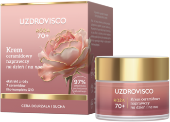 Uzdrovisco Róża 70+ krem ceramidowy naprawczy w różowym słoiczku i kartoniku z dużą różą.