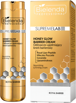 Bielenda Supremelab Honey Glow Barrier Cream, złoty odżywczo-ujędrniający krem. Butelka i pudełko z plastrem miodu.