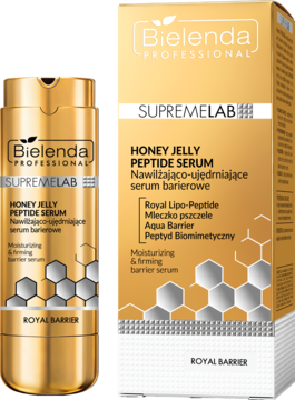 Bielenda Supremelab Honey Jelly Peptide Serum, złota butelka z pompką i pudełko, nawilżająco-ujędrniające serum barierowe, widok z przodu.