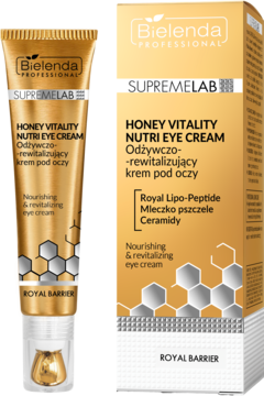 Złoty krem pod oczy Bielenda Supremelab Honey Vitality Nutri z miodem, ceramidami, w tubce i pudełku, widok z przodu.