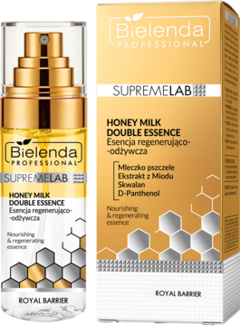 Bielenda Honey Milk Double Essence Royal Barrier w złotej butelce z pompką i pudełku, odżywcza, regenerująca esencja.