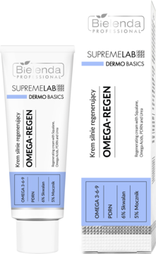 Krem Bielenda OMEGA-REGEN z Omega 3-6-9, Skwalanem i Mocznikem w białej tubce i kartoniku, widok z przodu.