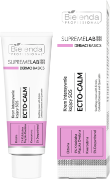 Bielenda Supremelab ECTO-CALM intensywny kojący krem SOS w białej tubce z różowym paskiem i stojącym kartonie.