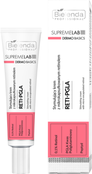 Bielenda Supremelab krem RETI-PGLA z 0.1% retinolem. Biała tubka i pudełko z różowymi akcentami, front.