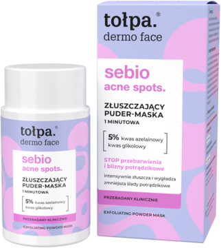 Tołpa sebio acne spots złuszczający puder-maska w białej butelce i pudełku, 5% kwasów, widok z przodu.
