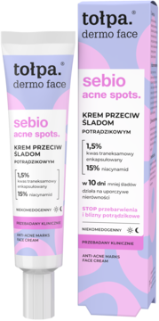Tołpa Dermo Face Sebio Acne Spots krem na przebarwienia, tubka i pudełko w pastelach, 1.5% kwas, 15% niacynamid.