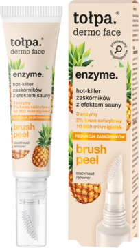 Tołpa Dermo Face Enzyme Brush Peel na zaskórniki, biała tubka z pędzelkiem obok pomarańczowego opakowania.