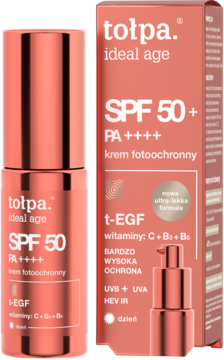 Tołpa Ideal Age SPF 50+ PA++++ krem fotoochronny z t-EGF, witaminami C+B3+B5: butelka i pudełko.