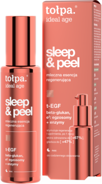 Tołpa Ideal Age Sleep & Peel mleczna esencja w koralowej butelce z pompką i pudełkiem, widok z przodu.