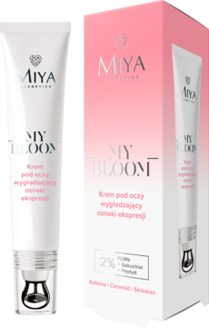 Biała tubka Miya Cosmetics MY BLOOM Krem pod oczy wygładzający oznaki ekspresji obok różowo-białego pudełka.