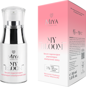Miya MY BLOOM serum regenerujące poprawiające elastyczność skóry, butelka i różowo-białe pudełko obok siebie.
