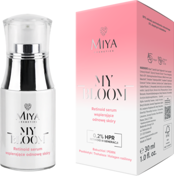 Miya Cosmetics MY BLOOM Retinoid Serum, biała butelka z pompką obok różowo-białego pudełka 30ml.