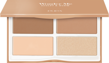 Otwarta paleta PUPA Wonder Me Sculpt & Glow z czterema beżowo-brązowymi pudrami: kontur, bronzer, puder, rozświetlacz.
