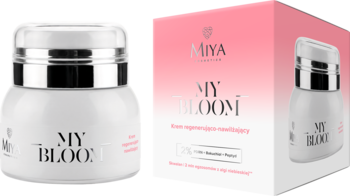 Miya MY BLOOM FACE CREAM, biały słoik z kremem regenerująco-nawilżającym i różowo-białe pudełko.