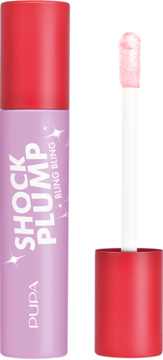 Otwarty błyszczyk Pupa Shock Plump Bling Bling w liliowej tubce z czerwoną nakrętką i różowym aplikatorem.