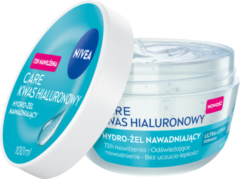 NIVEA CARE KWAS HIALURONOWY Hydro-żel nawadniający. Otwarty biały słoik z błękitną nakrętką obok, widok z góry.