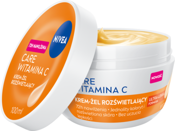 NIVEA CARE WITAMINA C Krem-Żel Rozświetlający, otwarty biały słoik z widocznym żółtym żelem i pokrywką z boku.