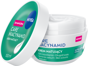 NIVEA Care Niacynamid Krem Matujący 100ml. Otwarty, biało-zielony słoiczek, wieczko obok, ukazujący biały krem.