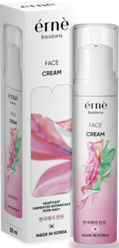 Erne Lumisea Face Cream 50ml w białej butelce z pompką i kartonie, z różowo-zielonym wzorem. Made in Korea. Widok przód.