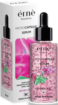 ÉRNÉ Lumisea Microcapsule Serum w przezroczystej butelce z różowymi kapsułkami, obok białego pudełka, z przodu.