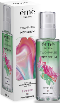 Erne lumisea TWO-PHASE MIST SERUM z Heartleaf, butelka z zieloną etykietą i białe pudełko, widok z przodu.