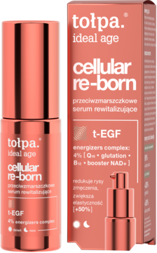 Tołpa Ideal Age Cellular Re-Born przeciwzmarszczkowe serum rewitalizujące w koralowej butelce z pompką i pudełku, widok z przodu.