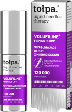Serum Tołpa Liquid Needles Volufiline Wypełniające, butelka i kartonik w bieli i fiolecie, widok z przodu.