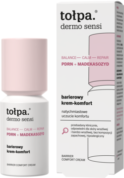 Krem Tołpa dermo sensi barierowy krem-komfort PDRN+madekasozyd. Biała butelka z różową nakrętką i pudełko z boku.