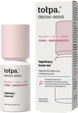tołpa dermo sensi łagodzący krem-żel z PDRN i madekasozydem, biała butelka i kartonik, widok z przodu.