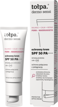 tołpa dermo sensi ochronny krem SPF 50 PA++++ w białej tubce z pompką i opakowaniu, widok z przodu.