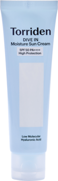 Torriden DIVE IN Moisture Sun Cream SPF 50 PA++++, jasnoniebieska tubka z kwasem hialuronowym, widok z przodu.