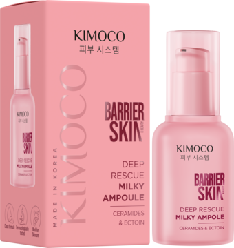 Różowa ampułka KIMOCO Barrier Skin Deep Rescue Milky Ampoule z ceramidami w butelce i pudełku. Widok z przodu.