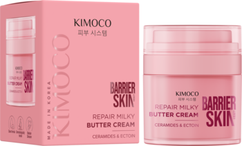 Różowy krem Kimoco Barrier Skin Repair Milky Butter Cream z ceramidami w słoiczku i pudełku, widok z przodu.