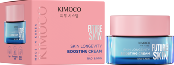 KIMOCO Future Skin krem do twarzy NAD+ w różowym pudełku i niebieskim słoiczku, obok siebie.