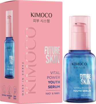 KIMOCO Future Skin Vital Power Youth Serum z NAD&NMN, różowe pudełko i niebieska butelka z pompką obok siebie.