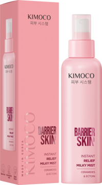 KIMOCO Barrier Skin Instant Relief Milky Mist, różowy spray z pudełkiem, nawilżająca mgiełka ochronna.