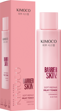 Różowy tonik KIMOCO Barrier Skin Soft-Repair Milky Toner z ceramidami i ektoiną, obok różowe pudełko.