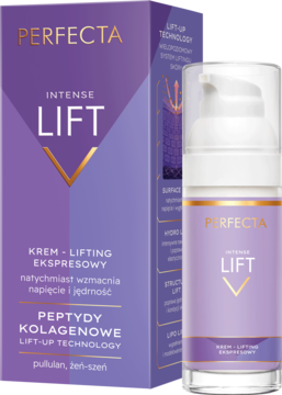 Perfecta Intense Lift krem liftingujący z peptydami kolagenowymi w białej butelce z pompką i fioletowym pudełkiem.