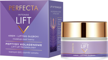 Perfecta Intense Lift krem głęboko liftingujący z peptydami, fioletowy słoiczek i pudełko obok.