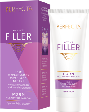Perfecta Active Filler krem wypełniający SPF 50+, biała tubka i fioletowe pudełko, PDRN FILL-UP Technology.