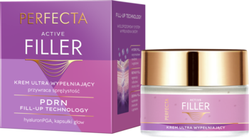 Krem Perfecta Active Filler ultra wypełniający z PDRN w fioletowo-złotym słoiczku, z pudełkiem obok, pod kątem.
