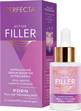 Serum Perfecta Active Filler, różowa butelka z kroplomierzem i fioletowe pudełko z PDRN Fill-Up Technology, widok z boku.