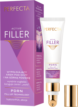 Perfecta Active Filler krem pod oczy i powieki, biała tubka z aplikatorem obok fioletowego pudełka, widok z przodu.