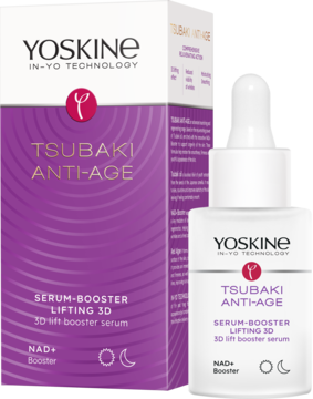 Biała butelka YOSKINE Tsubaki Anti-Age serum Lifting 3D z pipetą, obok purpurowego pudełka, widok pod kątem.