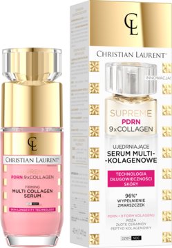 Christian Laurent Supreme PDRN 9xCollagen Ujędrniające Serum, różowa butelka z białym pudełkiem, widok z przodu.