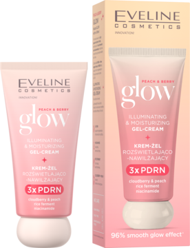 Eveline Glow Peach & Berry krem-żel rozświetlająco-nawilżający 3x PDRN. Różowa tubka i pudełko.