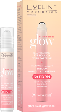 Eveline Glow Peach & Berry rozświetlający roll-on pod oczy 3x PDRN w białej tubce i różowym opakowaniu.