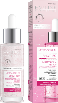 Eveline Meso-Serum Shot 150, serum z mikroigłami, w butelce z pipetą i różowo-białym opakowaniu na białym tle.
