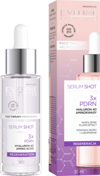 Eveline Serum Shot 3x PDRN Hyaluron 4D, regenerujące serum do twarzy w butelce z dropperem i fioletowym opakowaniu.
